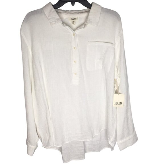 ana Shirt Womens 2XL White Gauze Long Sleeve Relaxed Fit Henley - Picture 1 of 14